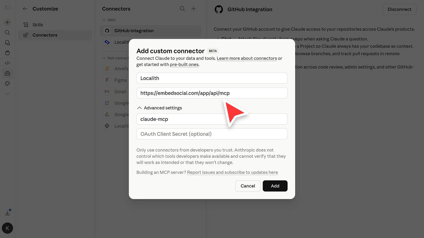 Diálogo de conector personalizado con el nombre del servidor, la URL y el ID de cliente OAuth de Localith rellenados