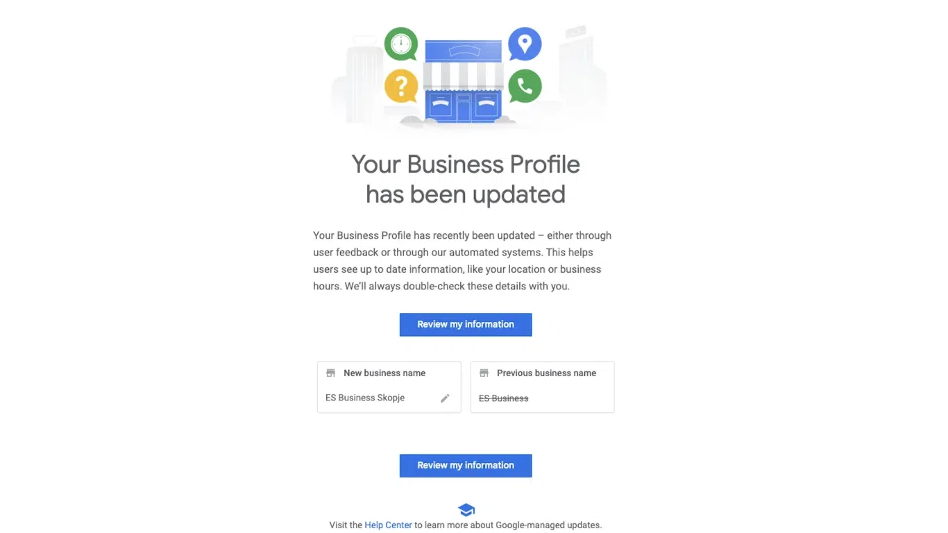 E-mail do Google notificando mudanças sugeridas em uma ficha do Google Business Profile