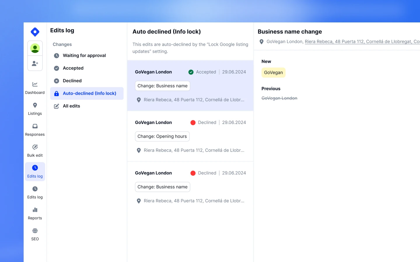 Edits Log do Localith mostrando uma mudança auto recusada no Google Business Profile