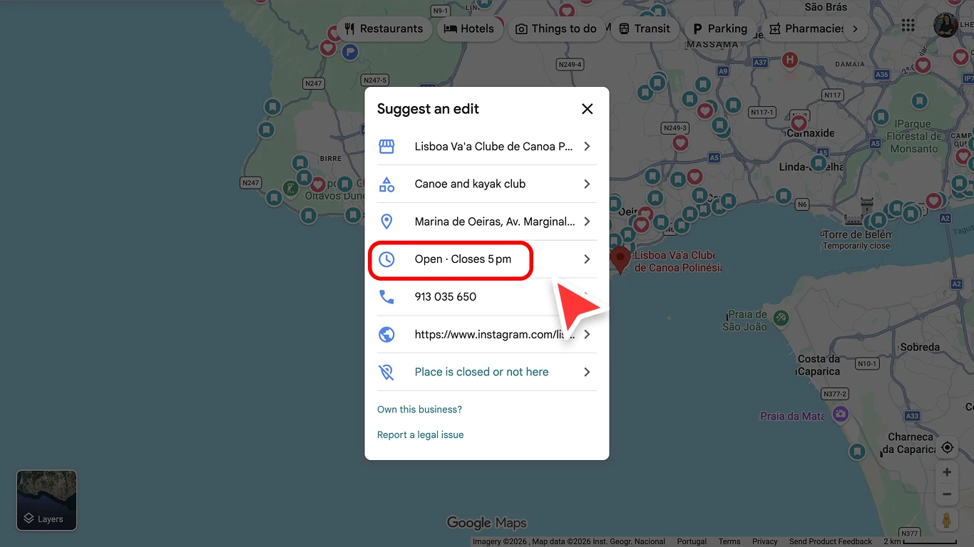Formulário de edição sugerida mostrando o campo de horário em um Google Business Profile