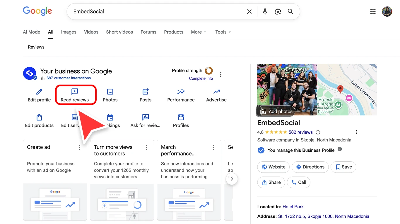 Google Business Profile dashboard showing the Read reviews button