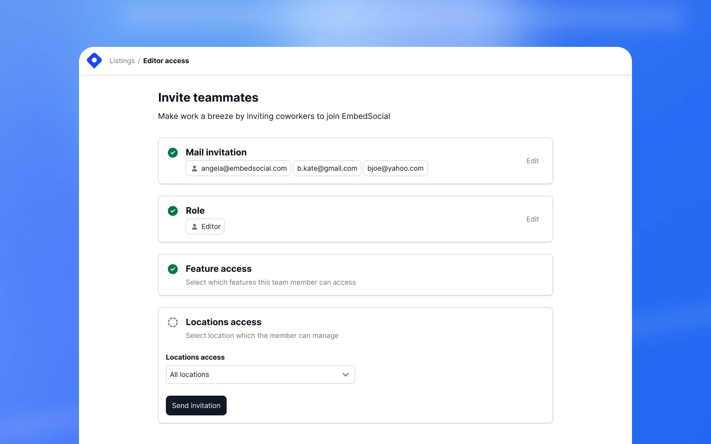 Invite members modal with email entry and role selection