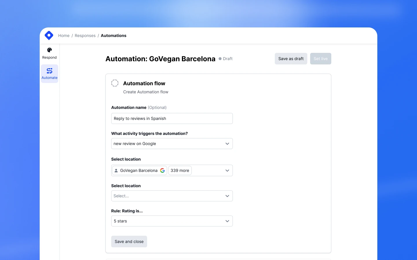 Rule configuration view for star rating or approval conditions
