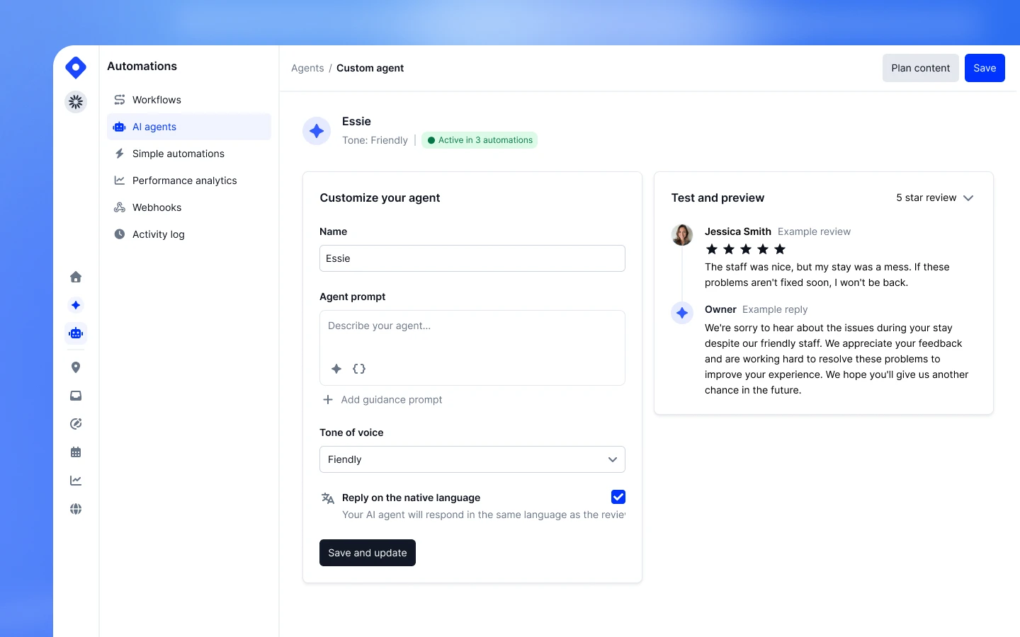 AI reply agent setup showing tone, language, and reply style controls