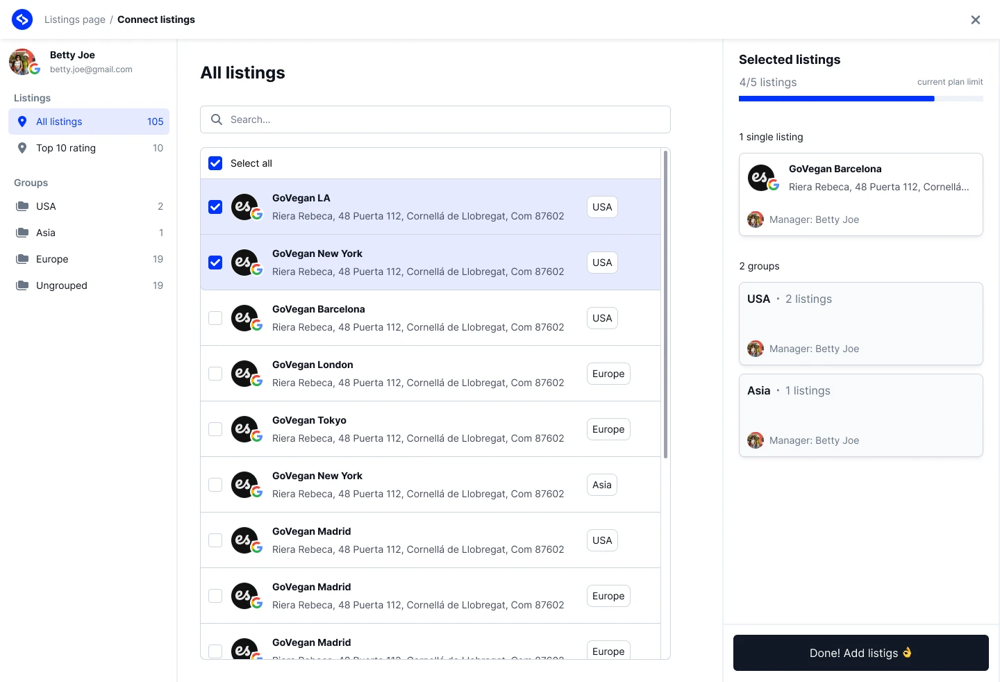 Setup screen for connecting Google Business locations