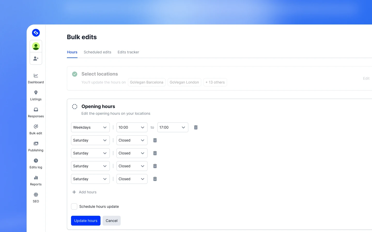 Bulk hours update with day and time controls